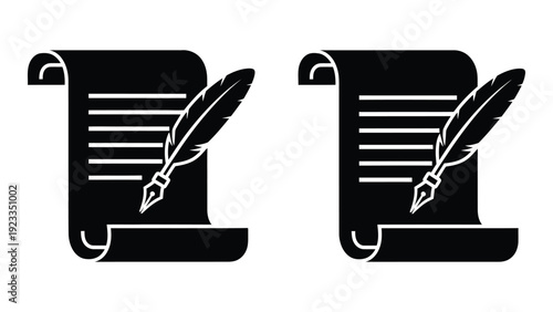 Two black and white icons of quill pens on scrolls isolated on white background, Vector
