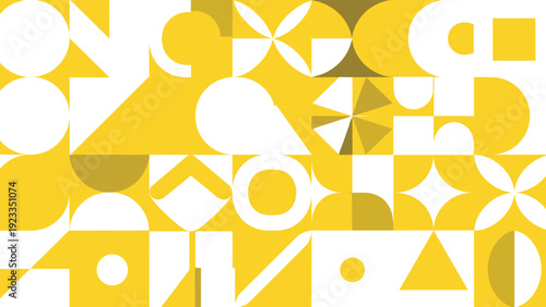 Yellow and white abstract geometric pattern, bauhaus style shapes, minimalist mosaic background, modern decorative vector art, creative mural design.