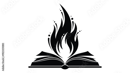 A black and white image of an open book with flames rising from the pages isolated on white background, Vector