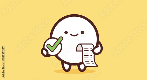Cute cartoon character holding a checklist with a green checkmark, representing success and completion.