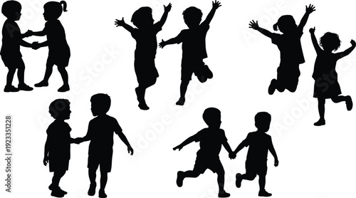 Children silhouette playing together, happy kids jumping and running, childhood friendship concept, playful activity poses, black vector isolated
