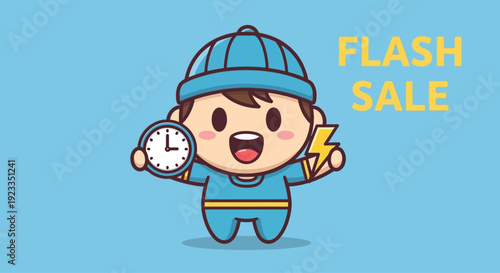 Cute cartoon boy holding clock and lightning bolt, flash sale concept