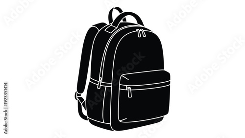 A black backpack with white outlines on a plain white background isolated on white background, Vector