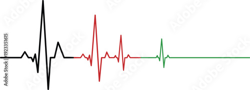Electrocardiogram heartbeat waveform line in black red and green isolated on white background, medical pulse monitoring and heart health vector illustration