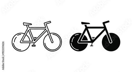 Minimalist bicycle icon set featuring outline and solid silhouette styles for urban commuting, eco-friendly transportation, and fitness app interface design