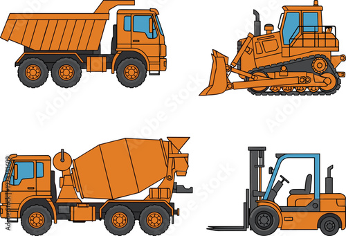 Set of four heavy construction vehicle illustrations including orange dump truck bulldozer cement mixer and forklift isolated on white background