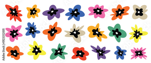 Colorful Hand Drawn Flower Element Set Vector Illustration with Vibrant Organic Blooms and Playful Doodle Floral Shapes Isolated on White Background for Creative Design Projects