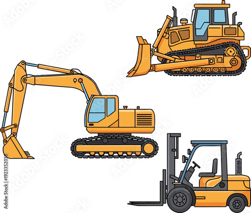 Set of yellow heavy machinery illustrations including hydraulic excavator bulldozer and forklift isolated on white background for industrial and construction design