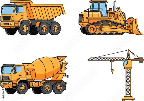 Set of heavy construction vehicle illustrations including dump truck bulldozer cement mixer and tower crane isolated on white background for industrial design