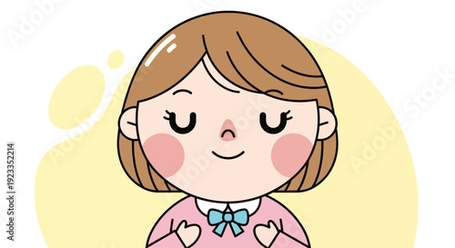 Cute cartoon girl with closed eyes smiling, peaceful and happy, pink dress, yellow background