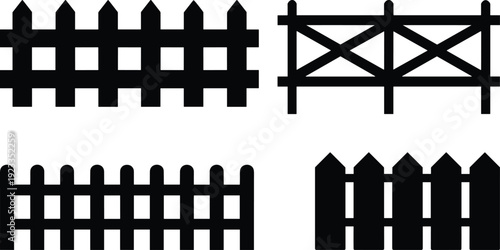 Black silhouette set of four different wooden fence styles isolated on white background for garden backyard and construction boundary design