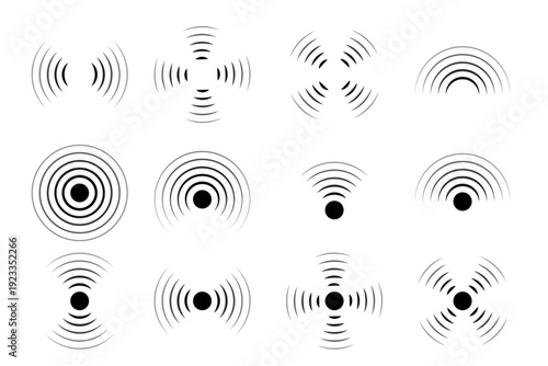 vector black concentric circles signal set, clipart isolated on transparent background. 