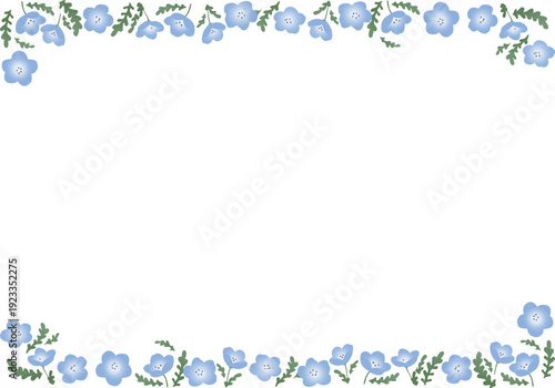 中央余白付きネモフィラの上下フラワーボーダーフレーム ミニマル春デザイン 透過背景