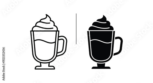 Minimalist coffee latte icons featuring a glass mug with whipped cream topping in outline and solid silhouette styles for cafe branding and menu design