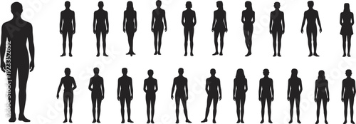 Diverse collection of male and female human silhouettes standing in various poses Keywords: silhouette, people, human, male
