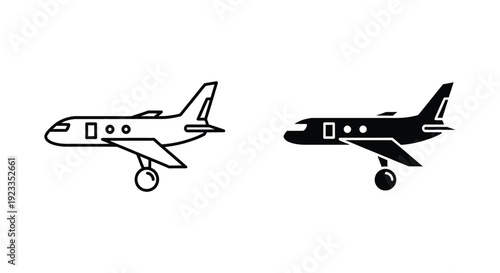 Minimalist airplane icon set featuring outline and solid black private jet symbols for corporate travel and global aviation logistics