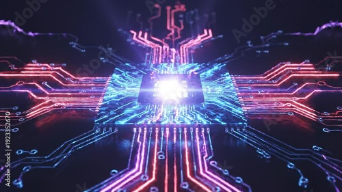 Abstract visualization of an AI agent represented as a glowing neon box, connected through luminous lines to multiple digital icons and nodes.
