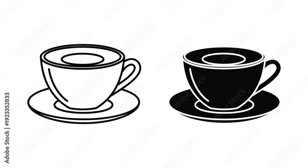 Obraz premium Minimalist coffee and tea cup icons with saucers featuring outline and solid black silhouette styles for cafe branding, restaurant menus, and beverage design projects