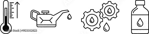 Automotive engine oil monitoring and lubrication line icon set featuring thermometer, oil can, gear system, and container for maintenance concept