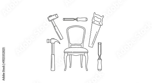Chair with various carpentry tools around.