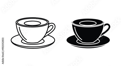 Minimalist coffee and tea cup icons with saucers featuring outline and solid black silhouette styles for cafe branding, restaurant menus, and beverage design projects