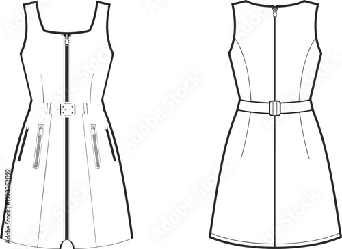 Technical line art illustration of a sleeveless belted mini dress with front zipper and pockets showing front and back views for fashion design