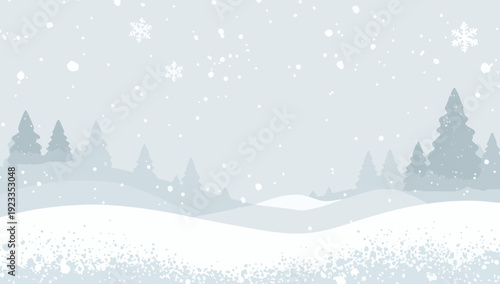 Vector illustration of winter weather scene in flat design style, featuring snowflakes, misty atmosphere, and frosty elements, with a pale blue and white color palette