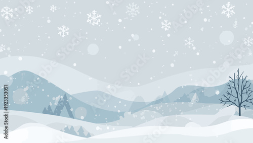 Vector illustration of winter weather scene in flat design style, featuring snowflakes, misty atmosphere, and frosty elements, with a pale blue and white color palette