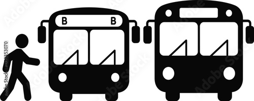 Black silhouette of a passenger walking past city buses isolated on white background for public transport urban mobility and commuting design