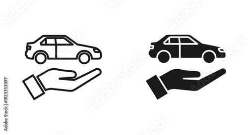 Minimalist car insurance and protection icons featuring a hand supporting a sedan in outline and solid styles for automotive safety, rental, and maintenance services.