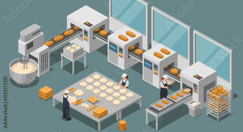 Automated Bakery Production Line with Workers and Dough.