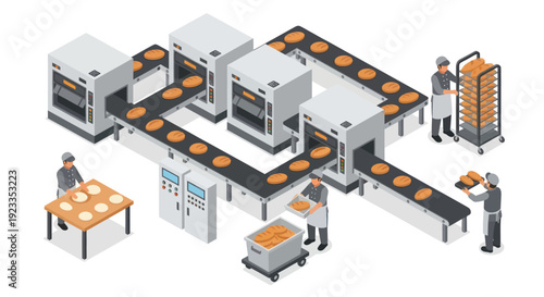 Automated Bakery Production Line with Workers and Equipment.