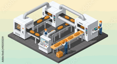 Automated Bakery Production Line with Workers and Freshly Baked Bread.