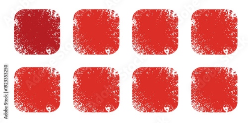 Set of Eight Red Distressed Grunge Texture Square Icons Vector Illustration Isolated on White Background for Vintage Stamp and Creative Retro Graphic Design Elements
