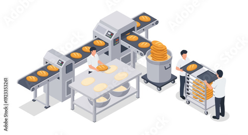 Automated Bakery Production Line with Workers Overseeing Process.