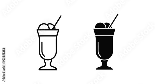 Minimalist milkshake and ice cream sundae icons in outline and solid silhouette styles for cafe menu design and food branding