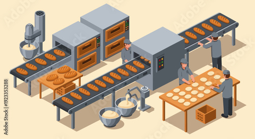 Automated Bakery Production Line with Workers and Freshly Baked Goods.