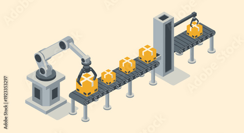Automated factory production line with robotic arm and conveyor belt system.