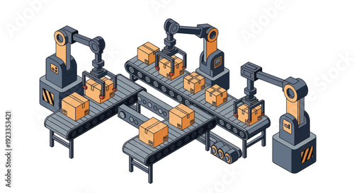 Automated factory production line with robotic arms and conveyor belts.