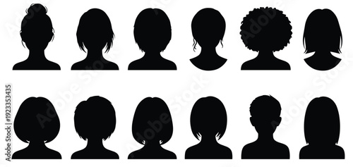 Set of Twelve Women Head Silhouettes with Diverse Hairstyles and Haircuts Vector Illustration Isolated on White Background for Beauty Fashion and Profile Icon Design Elements