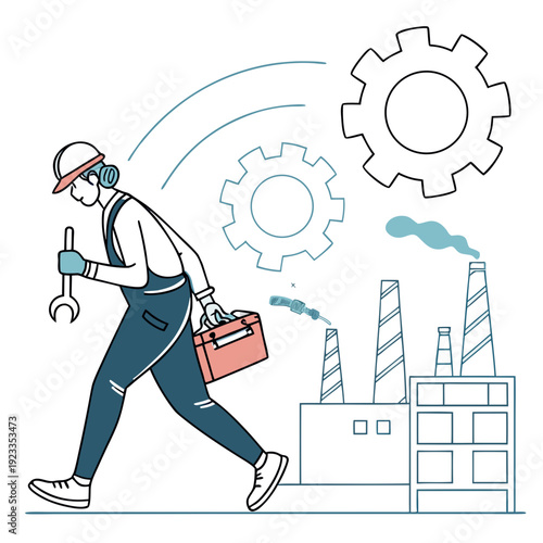 A hardworking man with a wrench and toolbox walks past a bustling factory under a sky with prominent gears.