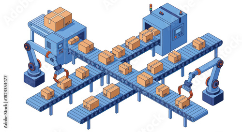 Automated factory production line with robotic arms and conveyor belts.