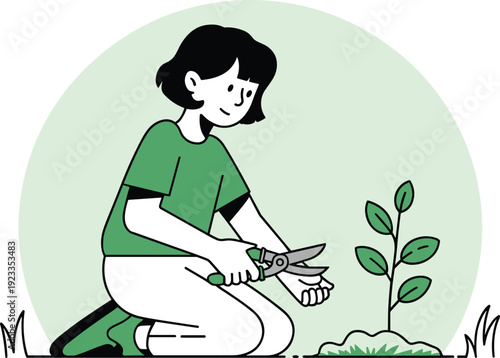 Minimalist illustration of a young girl kneeling and pruning a small plant with garden shears for spring gardening and sustainability design