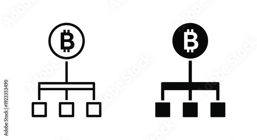 Bitcoin blockchain network hierarchy icons showing decentralized cryptocurrency distribution and financial technology structure in outline and solid styles