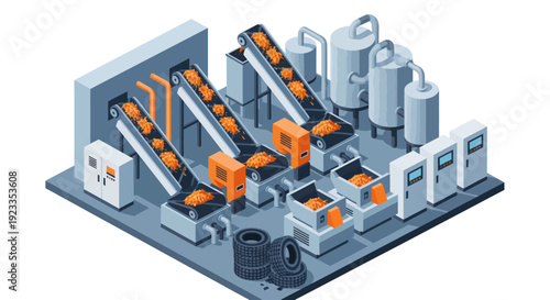 Automated Industrial Production Line with Conveyor Belts and Machinery.