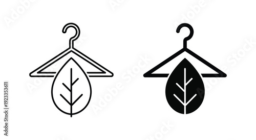 Minimalist sustainable fashion icons featuring a clothes hanger and leaf symbol representing eco-friendly clothing, organic textiles, and slow fashion industry standards.