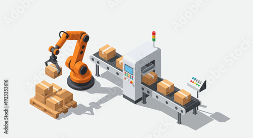 Automated Robotic Arm and Conveyor Belt in a Modern Factory Setting.