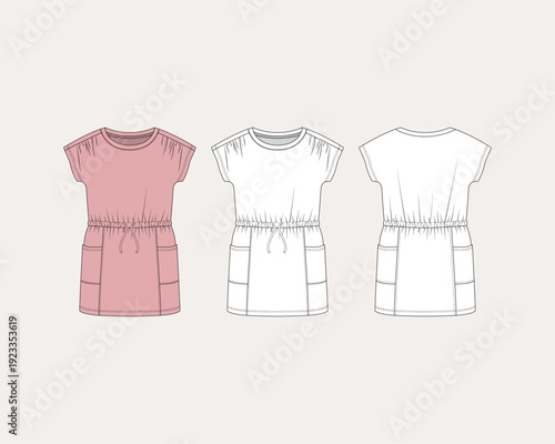 illustration of a baby wear dress toddler kids, infant baby, sleep full bodysuit, fashion flat sketch, vector illustration, cad, technical drawing, flat drawing, template, mockup.