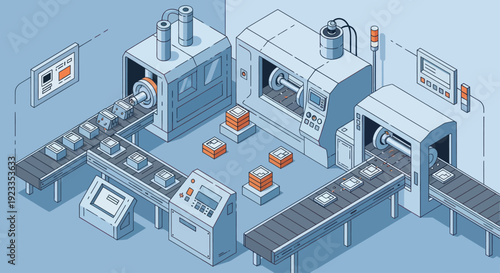 Automated Manufacturing Production Line with Conveyor Belts and Machines.