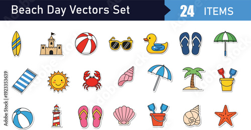 Beach Day outline icon collection. Includes surfboard, sandcastle, beach ball, sunglasses, rubber duck, flip flops, umbrella, beach towel, sun, crab, seashell, palm tree, lighthouse
